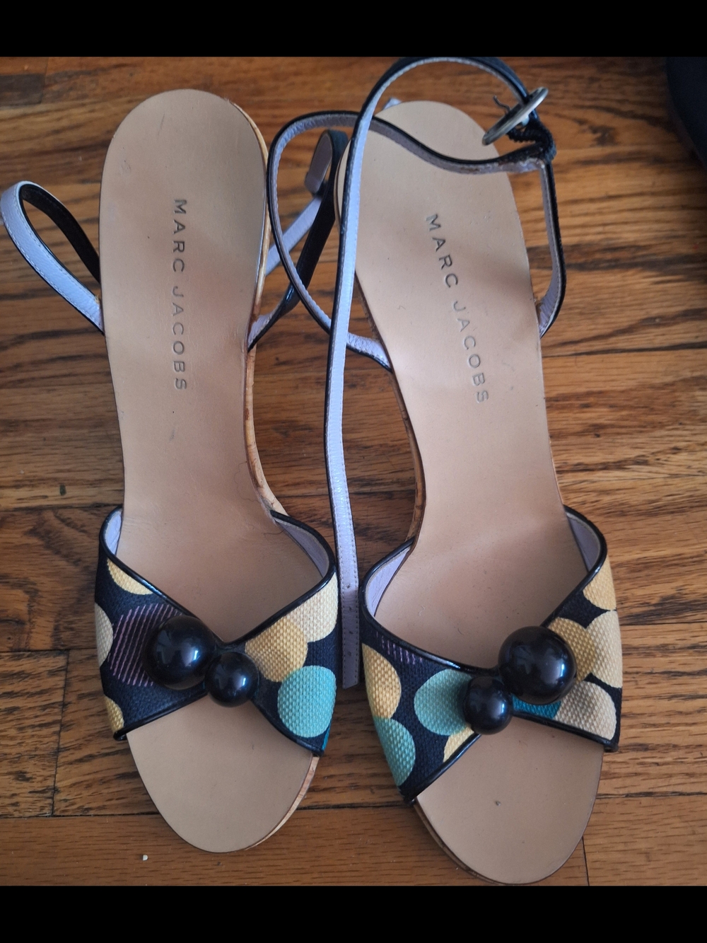 Marc Jacobs Multicolor Polka Dot Slingback Heels with Black Bead Detail